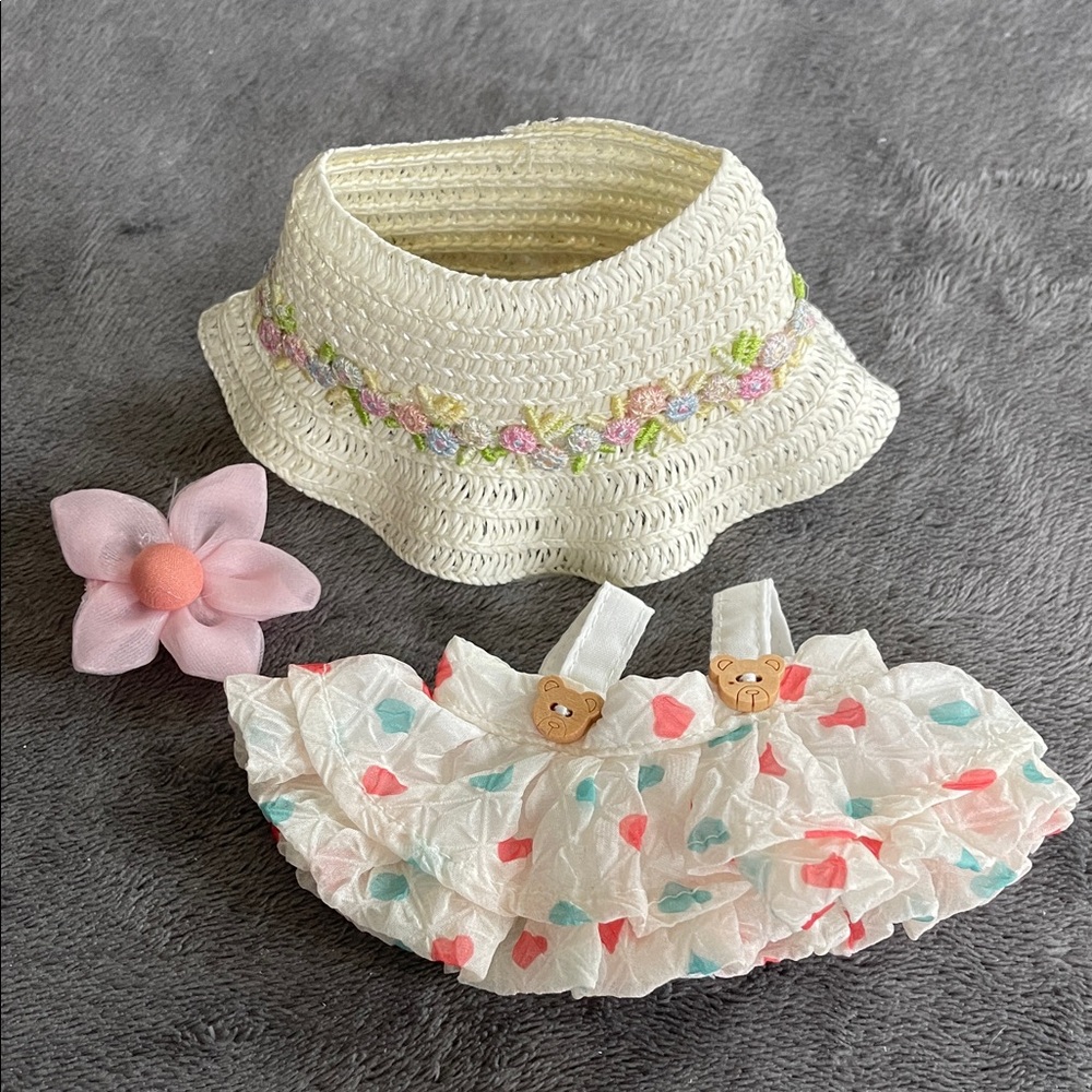 Floral cream Labubu Sun Hat and Ruffled dress Set hair clip nwt